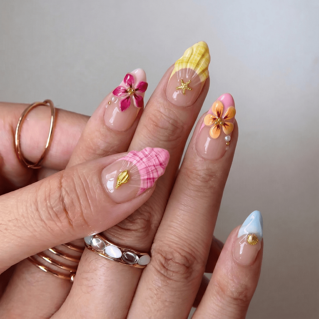 Marine Blossom press-on nails – hand-painted reusable gel set by Handora