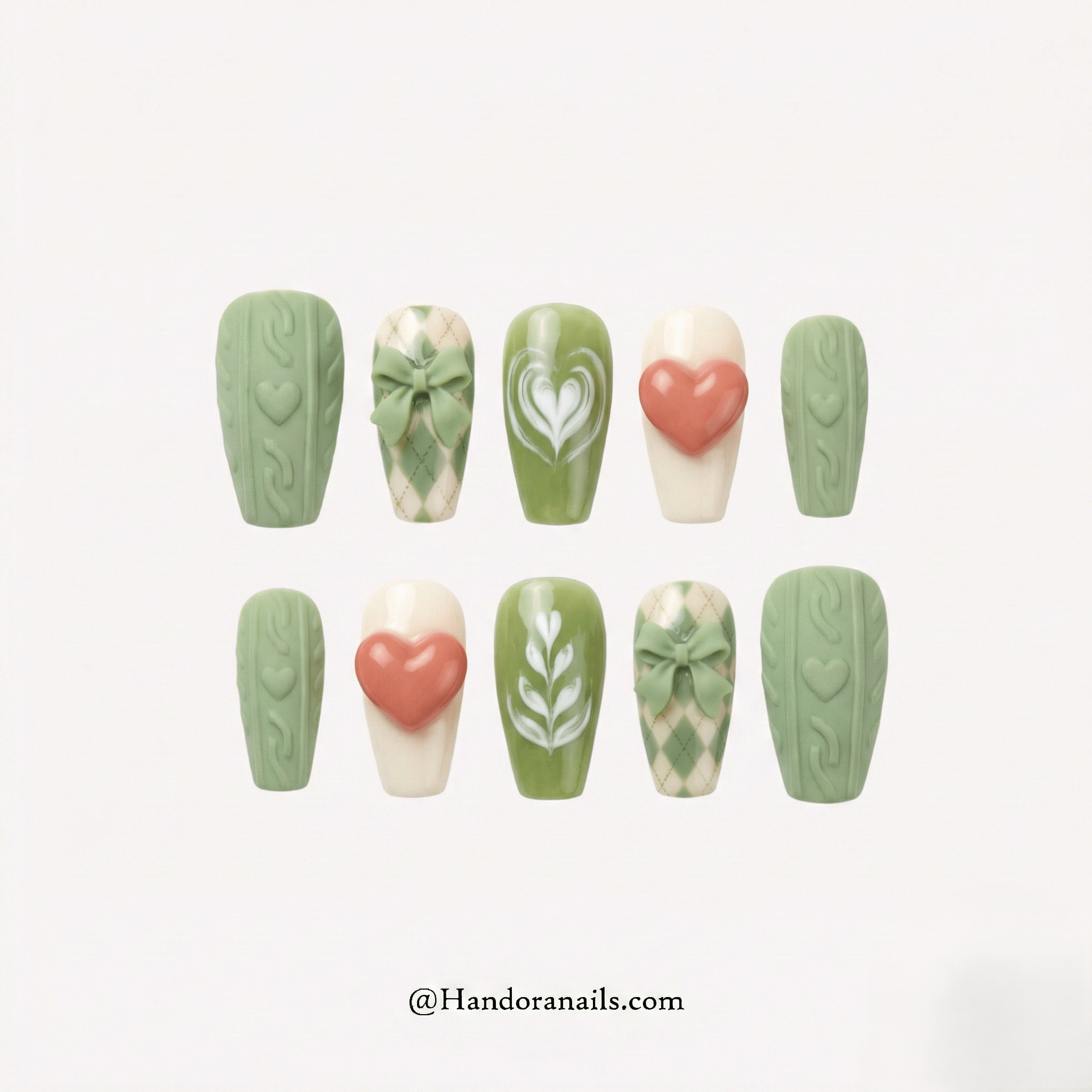 Matcha Knit press-on nails – hand-painted reusable gel set by Handora
