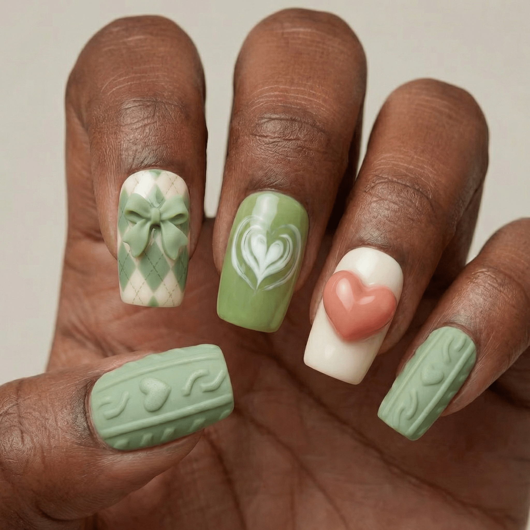 Matcha Knit press-on nails worn on hand – almond shape by Handora