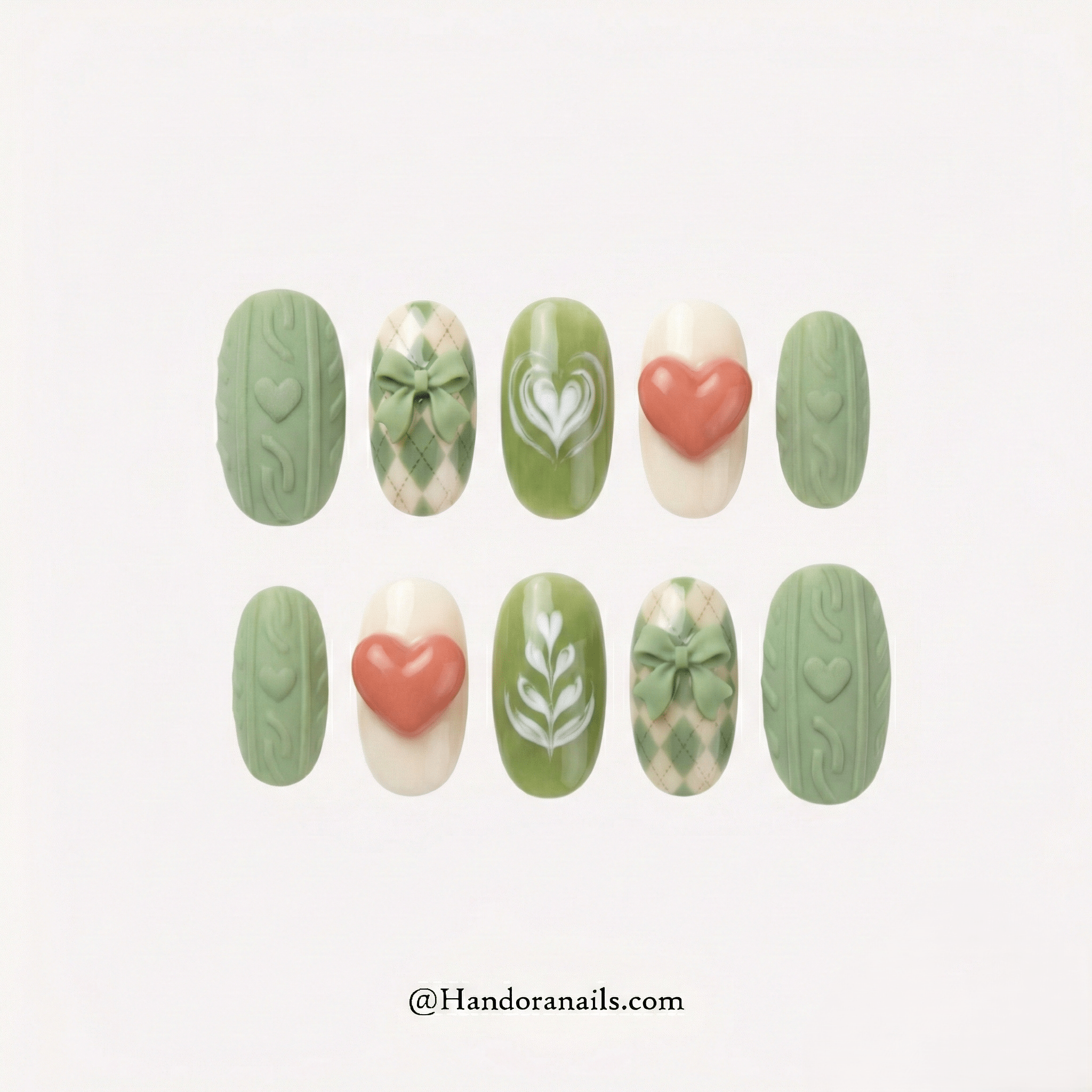 Matcha Knit press-on nails – design close-up by Handora