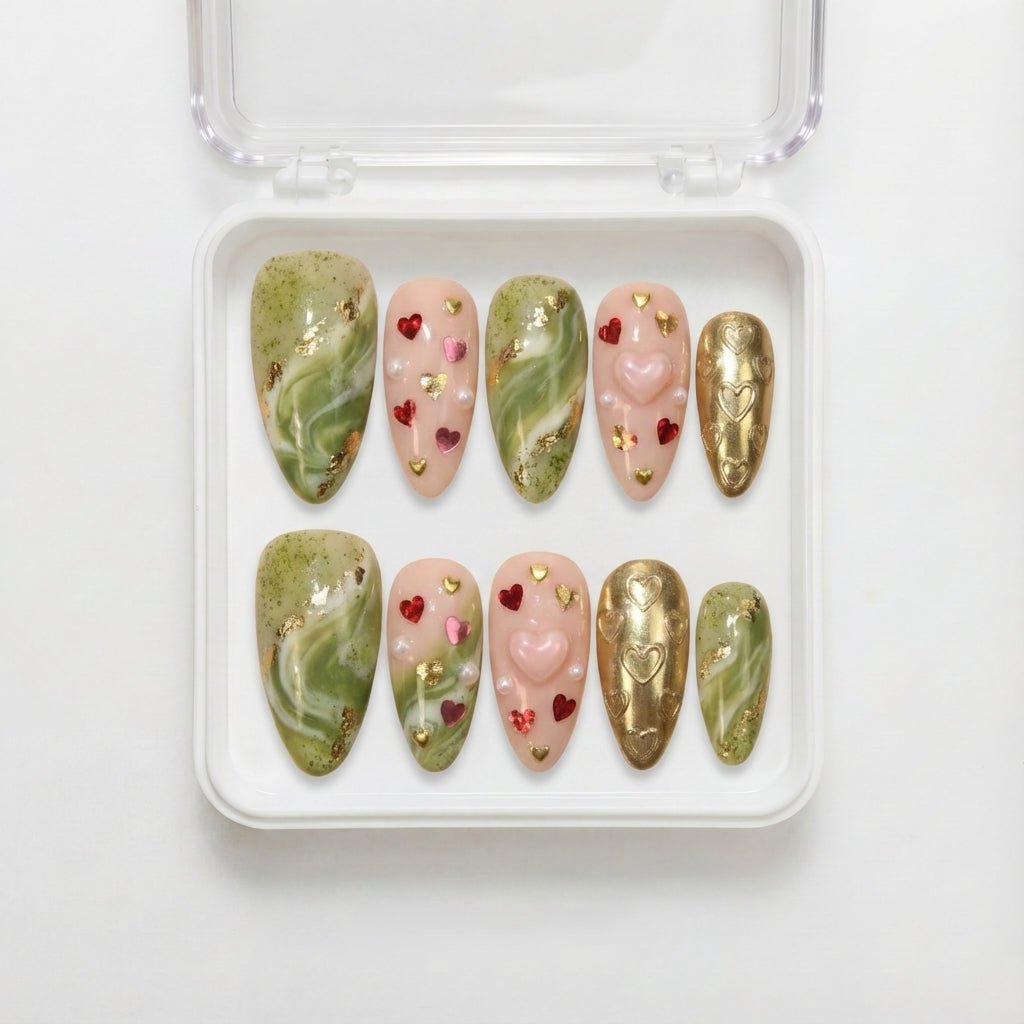 Matcha Sweetheart press-on nails – design close-up by Handora