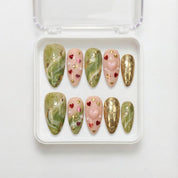 Matcha Sweetheart press-on nails – design close-up by Handora
