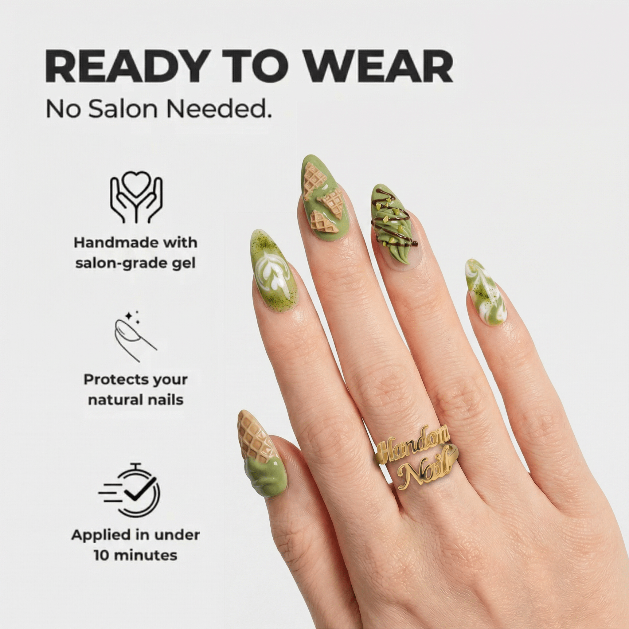 Matcha Swirl kawaii nail design – handmade press-on nails by Handora