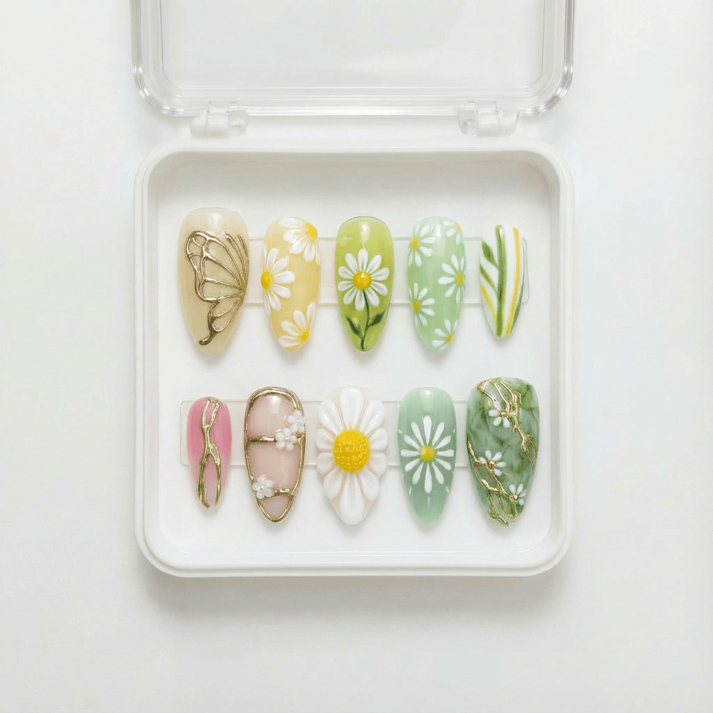Meadow Monarch almond press-on nails – design close-up by Handora
