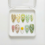 Meadow Monarch almond press-on nails – design close-up by Handora