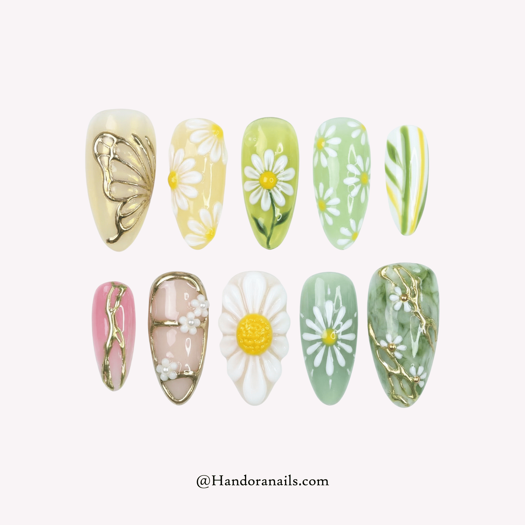 Meadow Monarch almond floral press-on nails by Handora