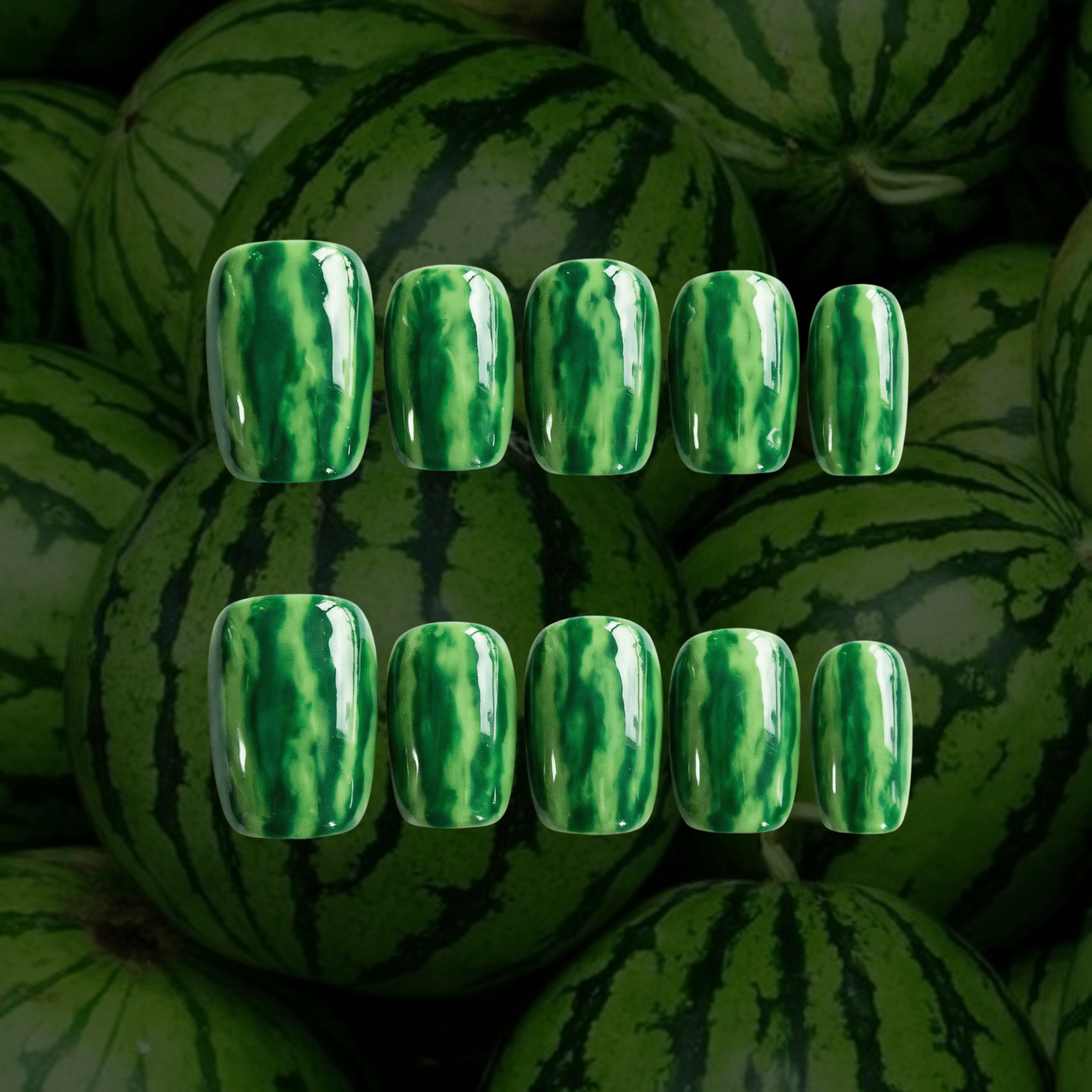 Melon Splash press-on nails – hand-painted reusable gel set by Handora