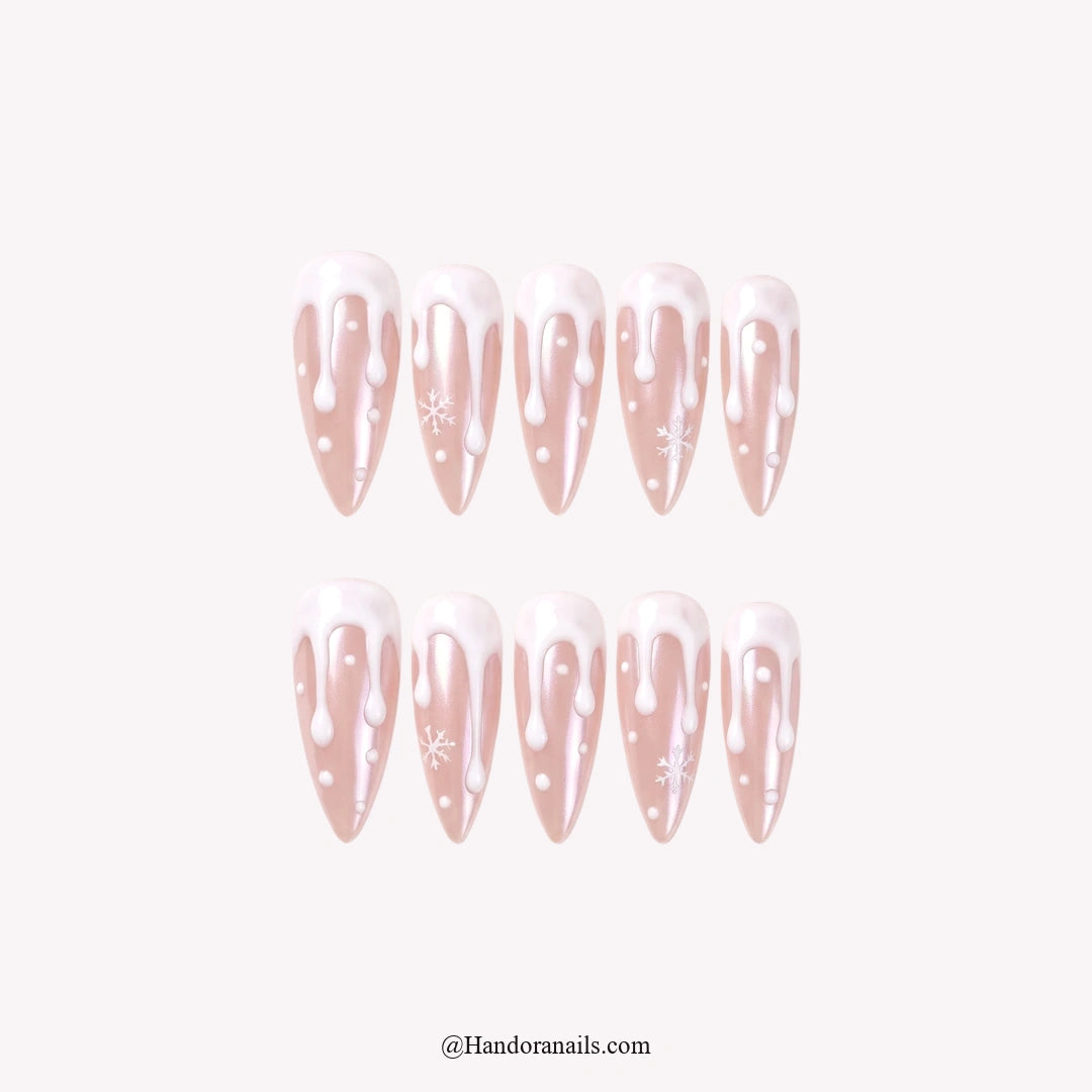 Melting Snow Christmas press-on nails - white background with Handora Nails watermark
