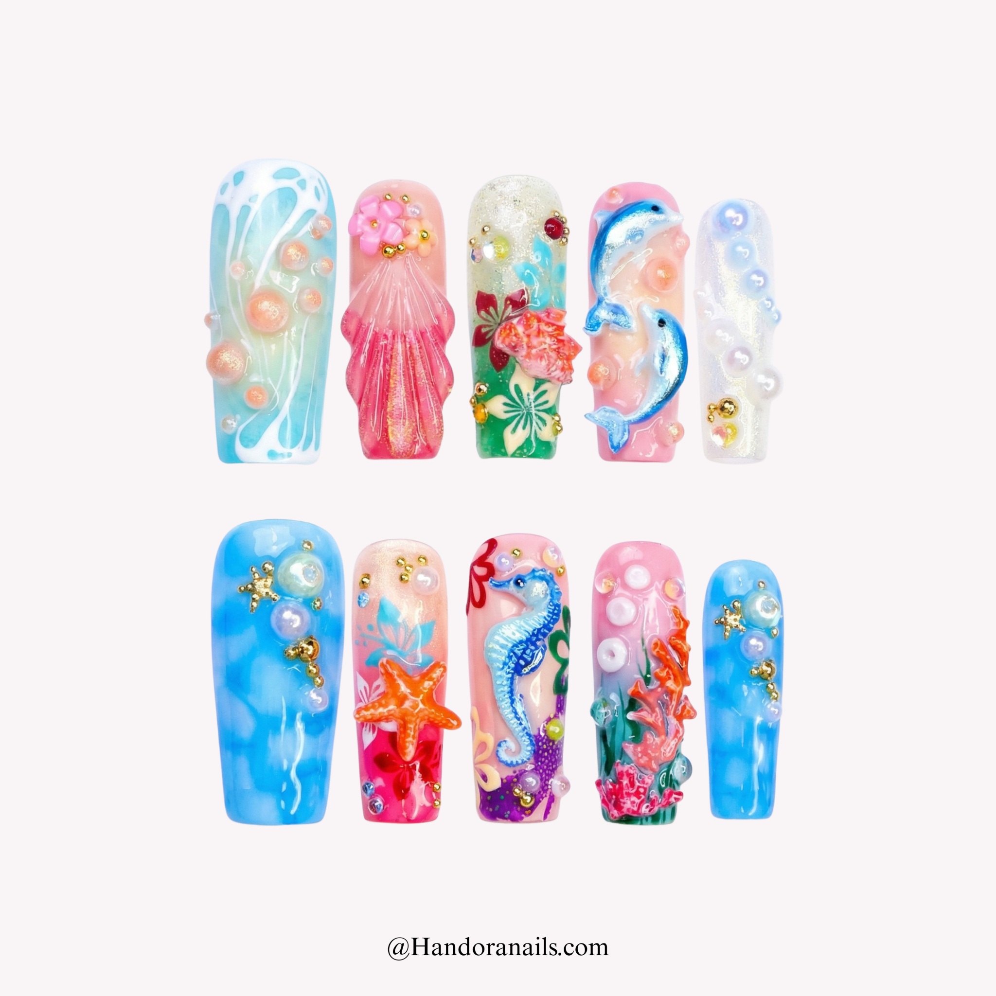 Mermaid Cove square 3d press-on nails by Handora