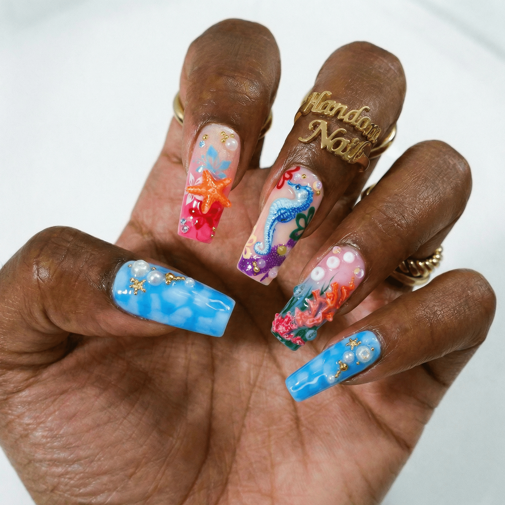 Mermaid Cove 3d nail design – handmade press-on nails by Handora