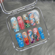 Mermaid Cove press-on nails worn on hand – square shape by Handora