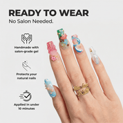 Mermaid Cove square press-on nails – design close-up by Handora