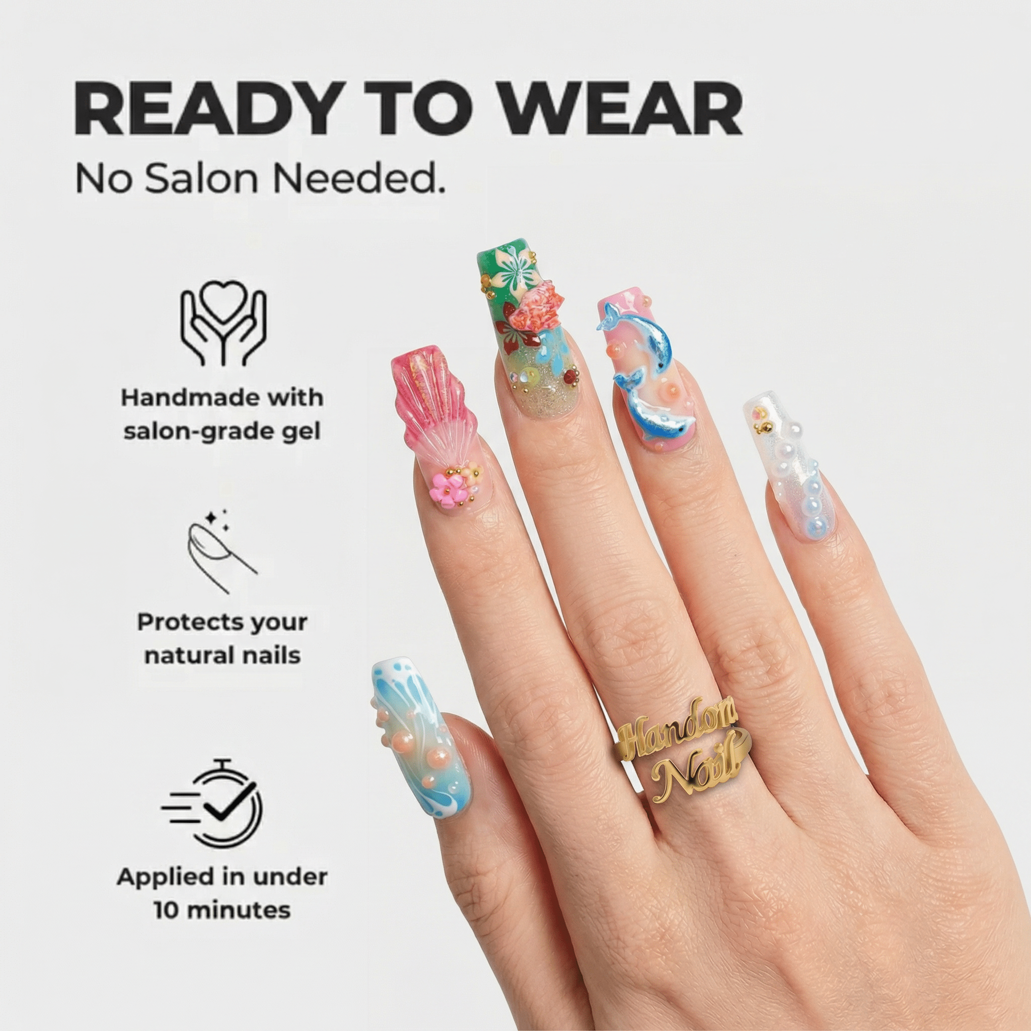 Mermaid Cove square press-on nails – design close-up by Handora