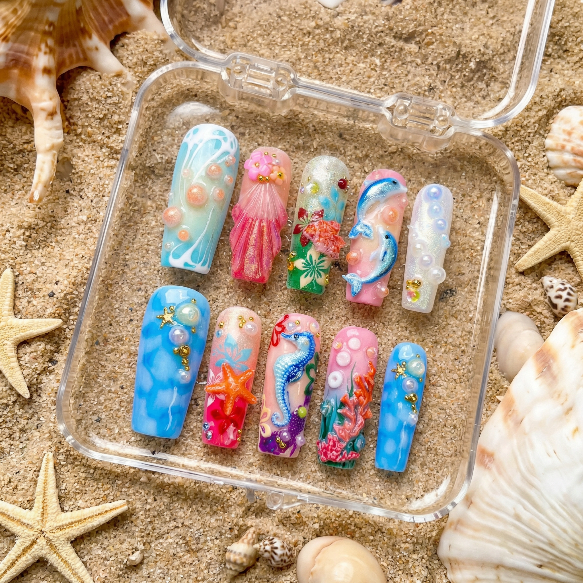 Mermaid Cove press-on nails – hand-painted reusable gel set by Handora