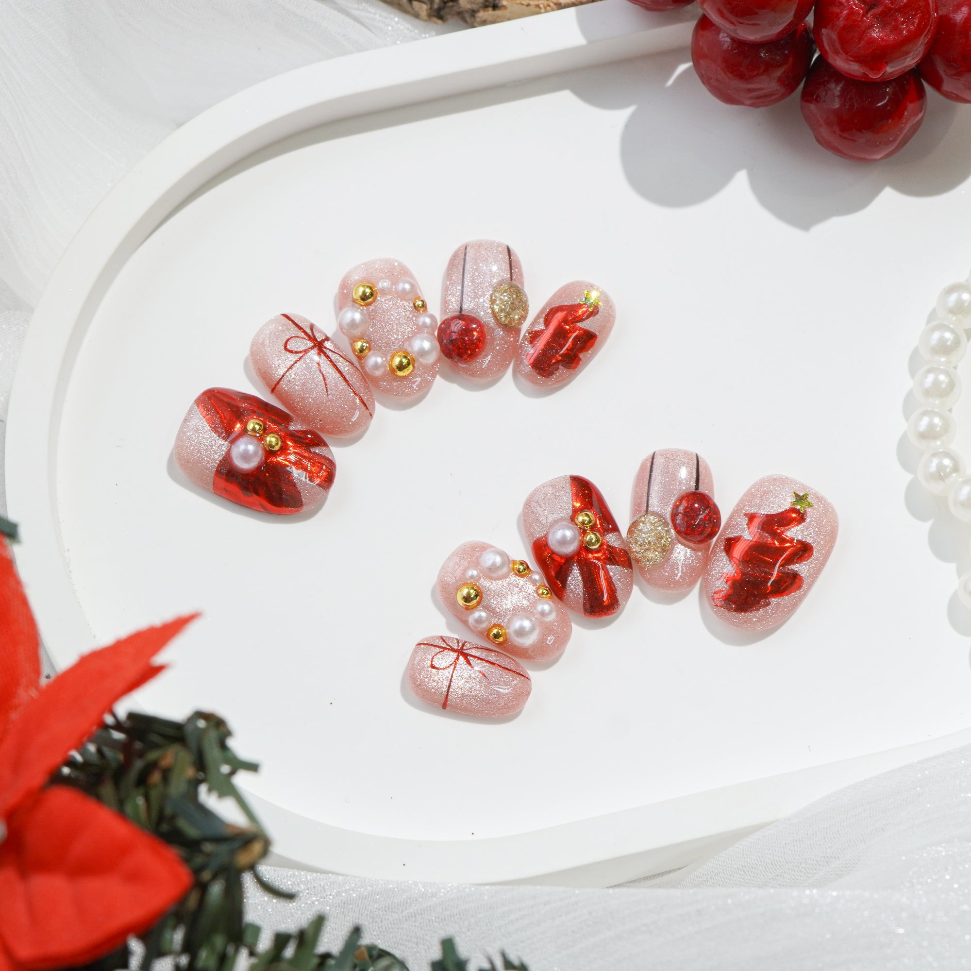 Merry Glow almond crystal press-on nails by Handora