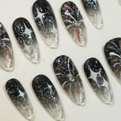 Midnight Aura press-on nails worn on hand – almond shape by Handora
