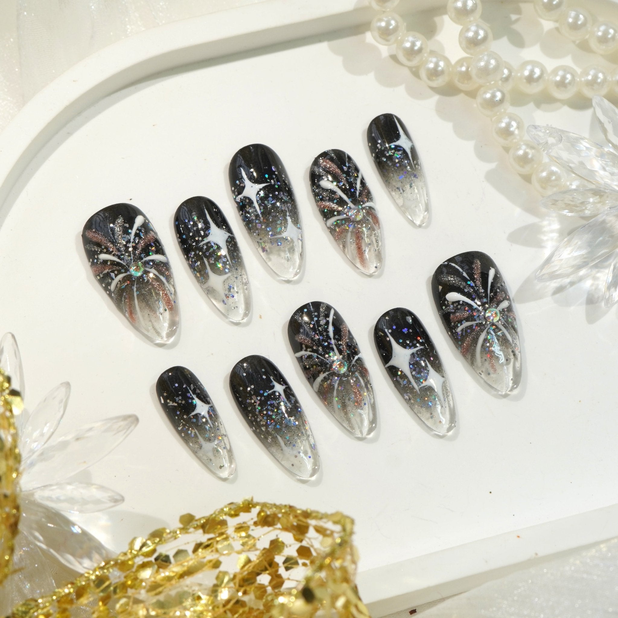Midnight Aura gothic nail design – handmade press-on nails by Handora
