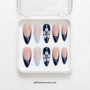 Midnight Bloom almond press-on nails – design close-up by Handora