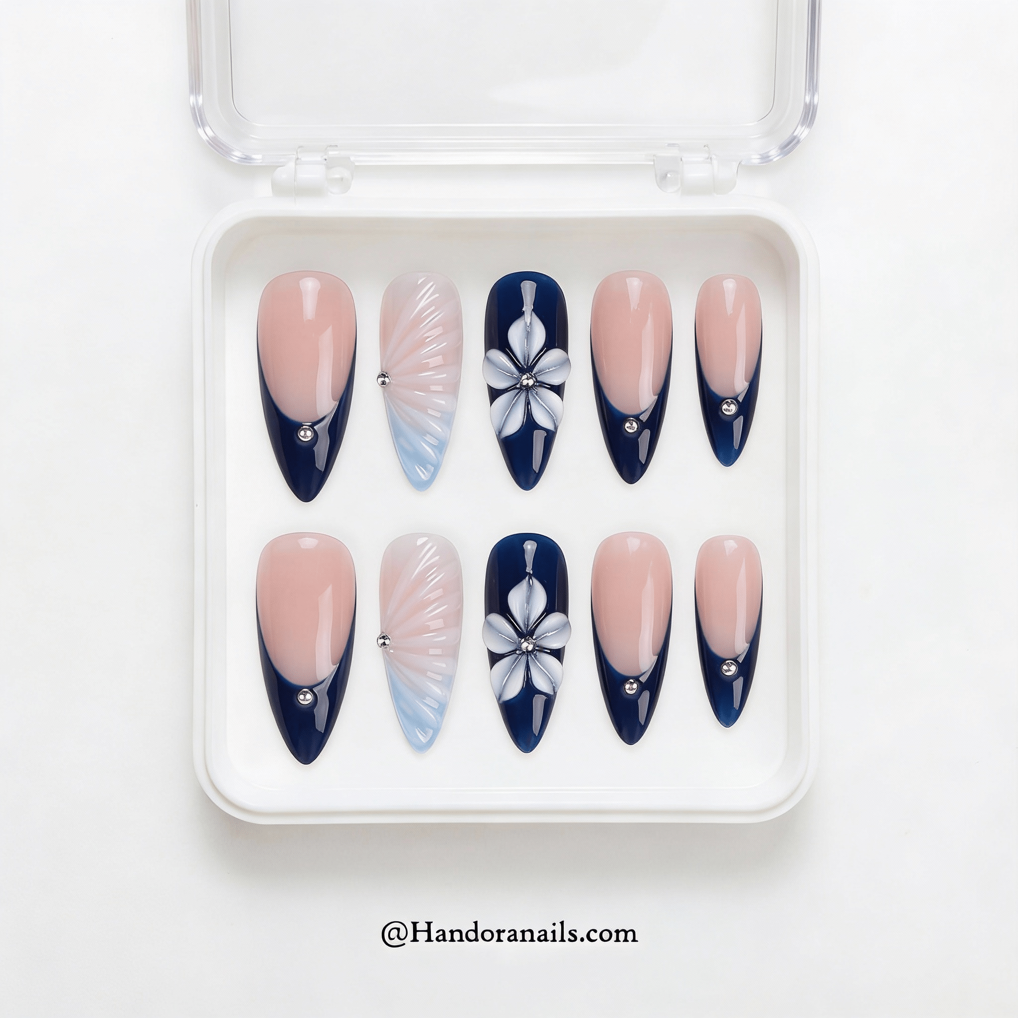 Midnight Bloom almond press-on nails – design close-up by Handora
