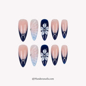 Midnight Bloom black almond floral press-on nails by Handora