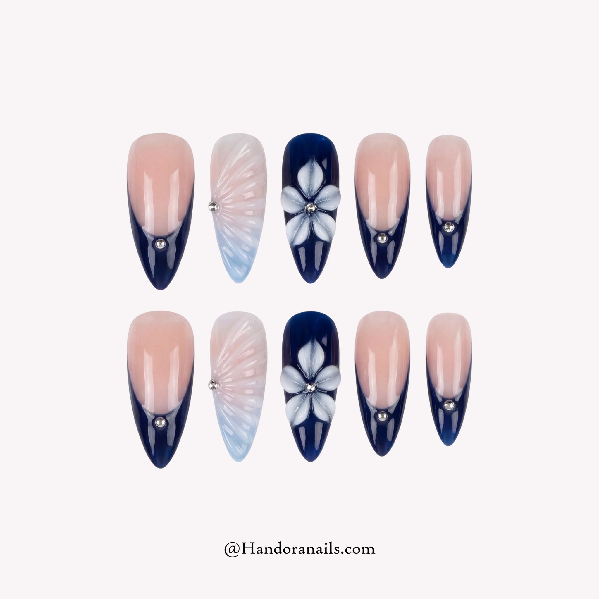 Midnight Bloom black almond floral press-on nails by Handora