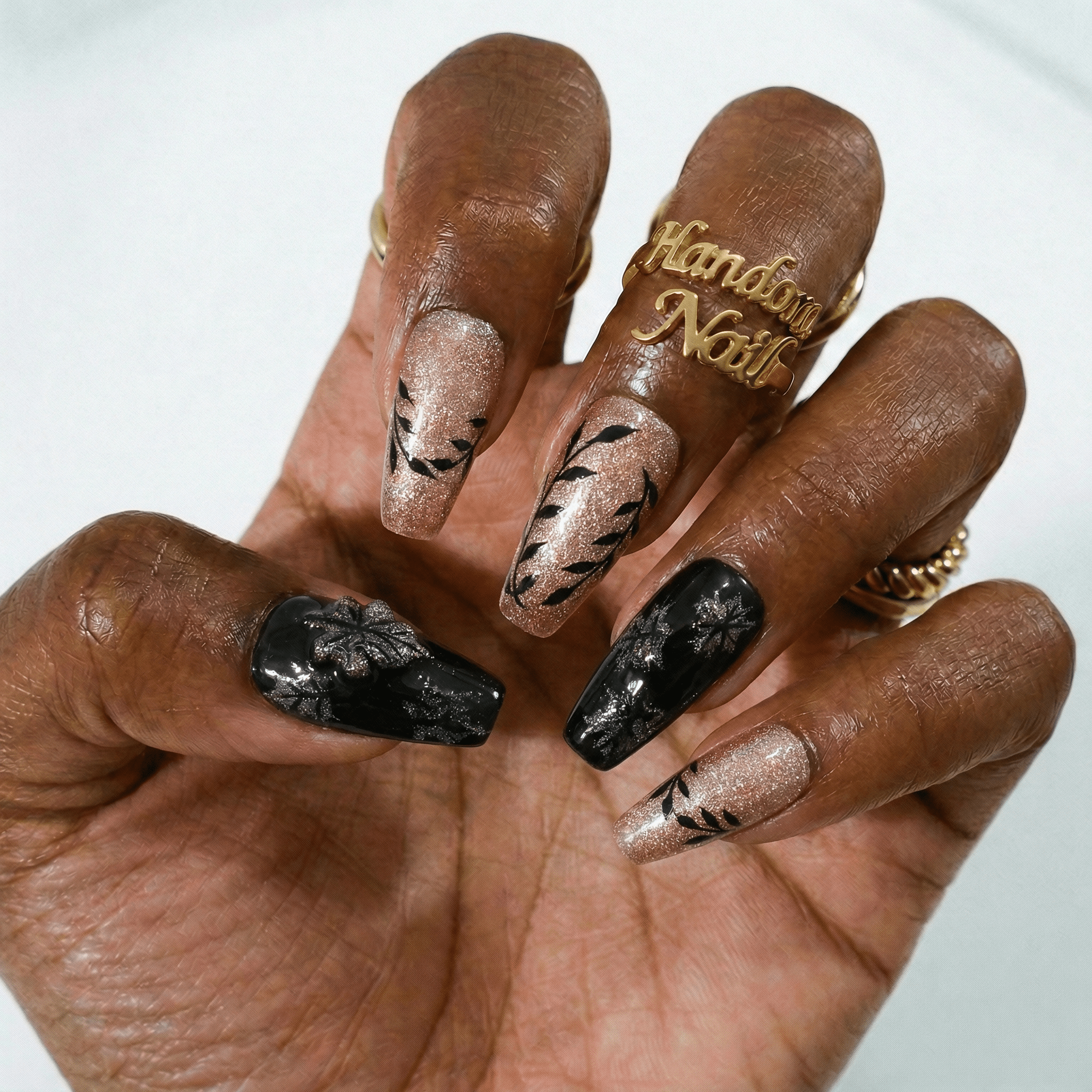 Midnight Sparkle square press-on nails – design close-up by Handora