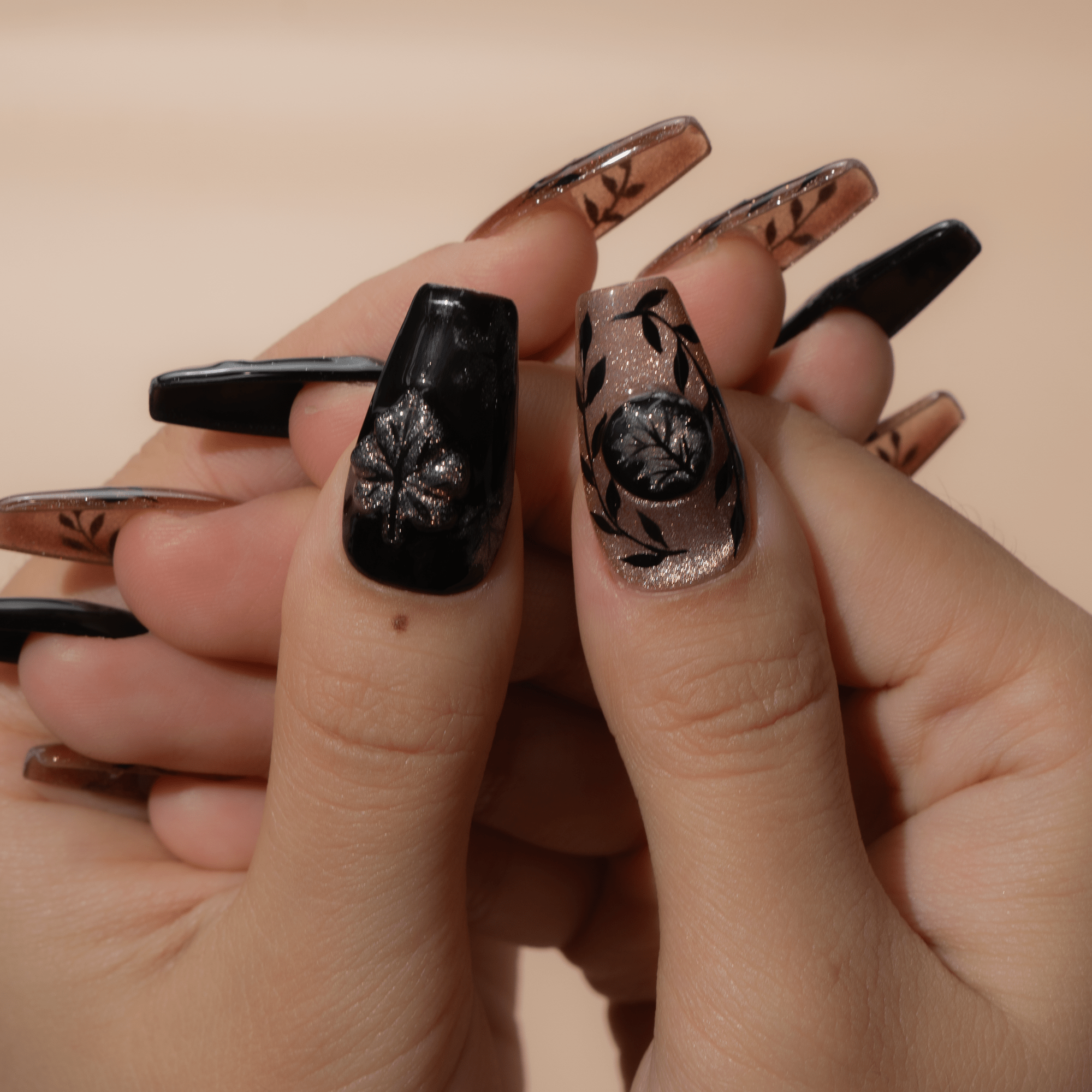 Midnight Sparkle press-on nails worn on hand – square shape by Handora