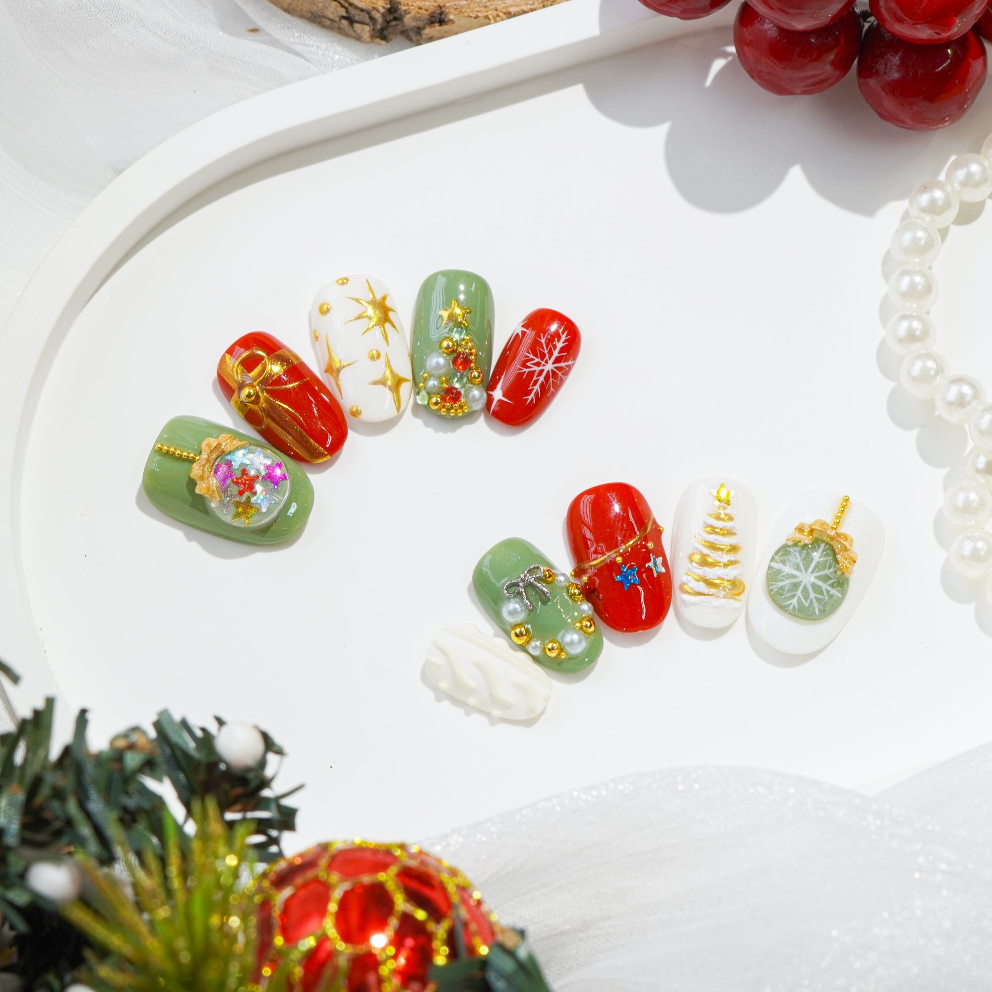 Mistletoe Magic oval crystal press-on nails by Handora