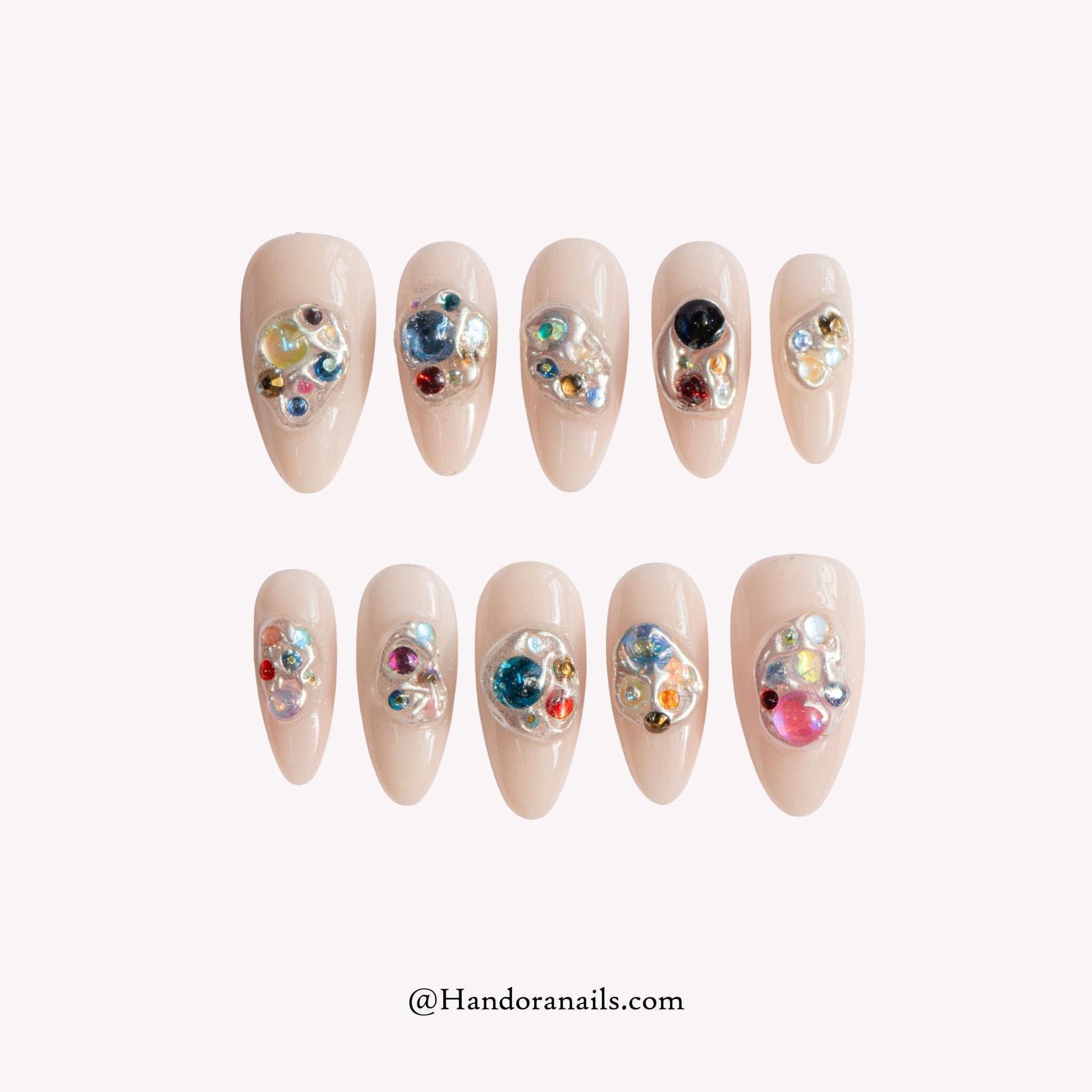 Molten Jewels almond crystal press-on nails by Handora