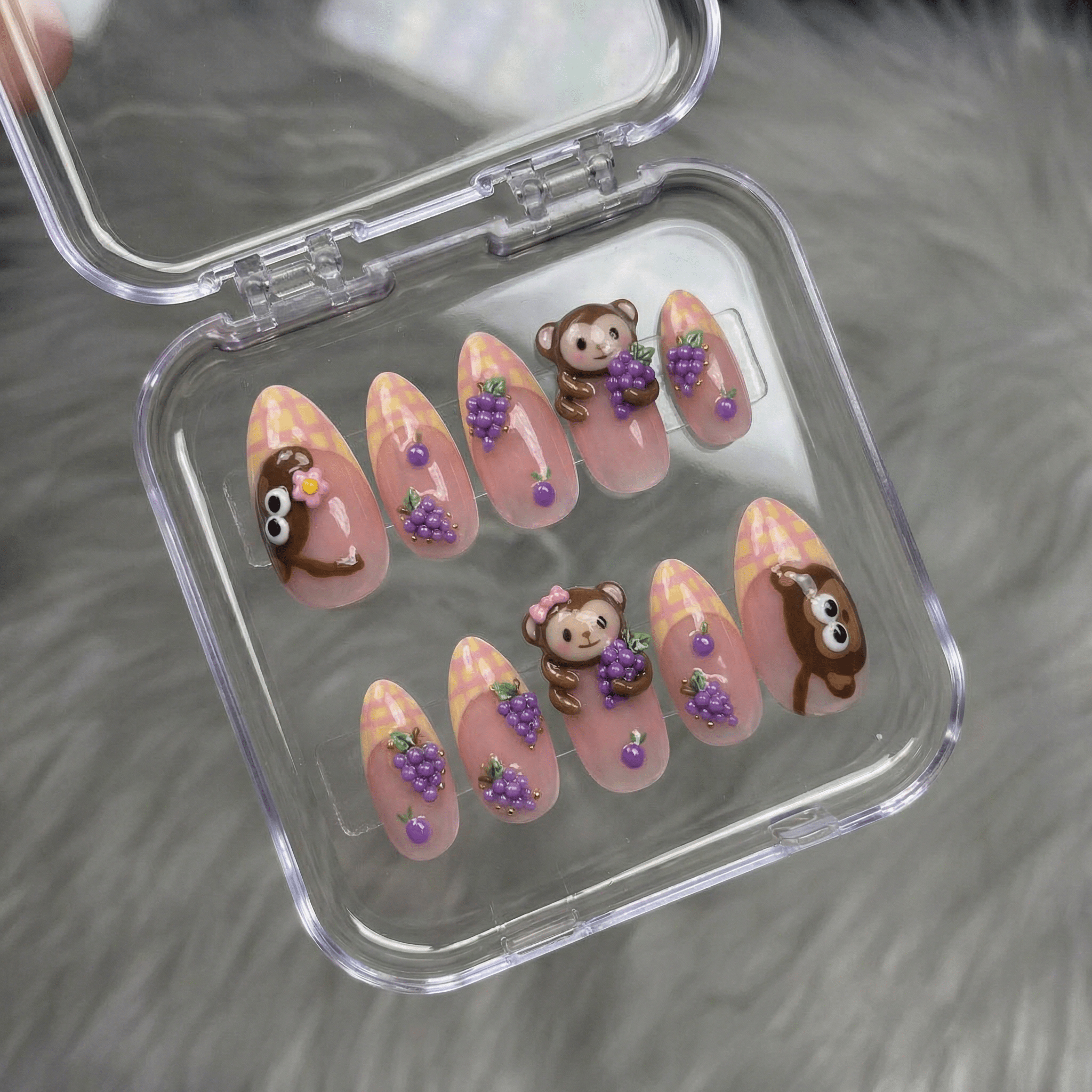 Monkey Grape kawaii nail design – handmade press-on nails by Handora