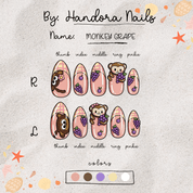 Monkey Grape press-on nails worn on hand – almond shape by Handora