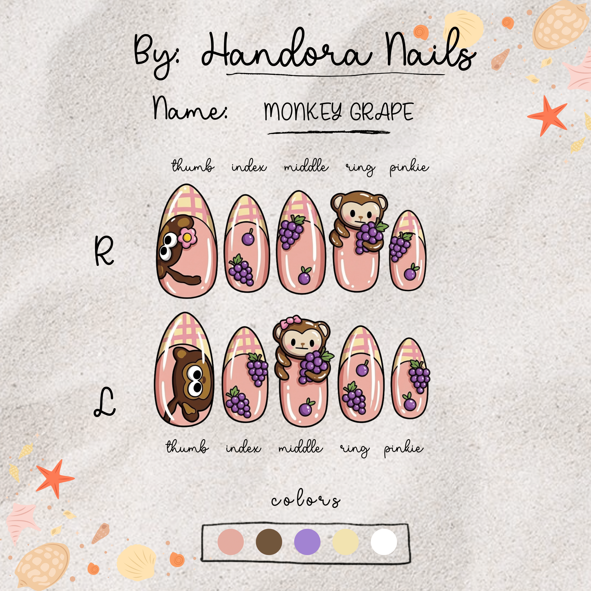 Monkey Grape press-on nails worn on hand – almond shape by Handora