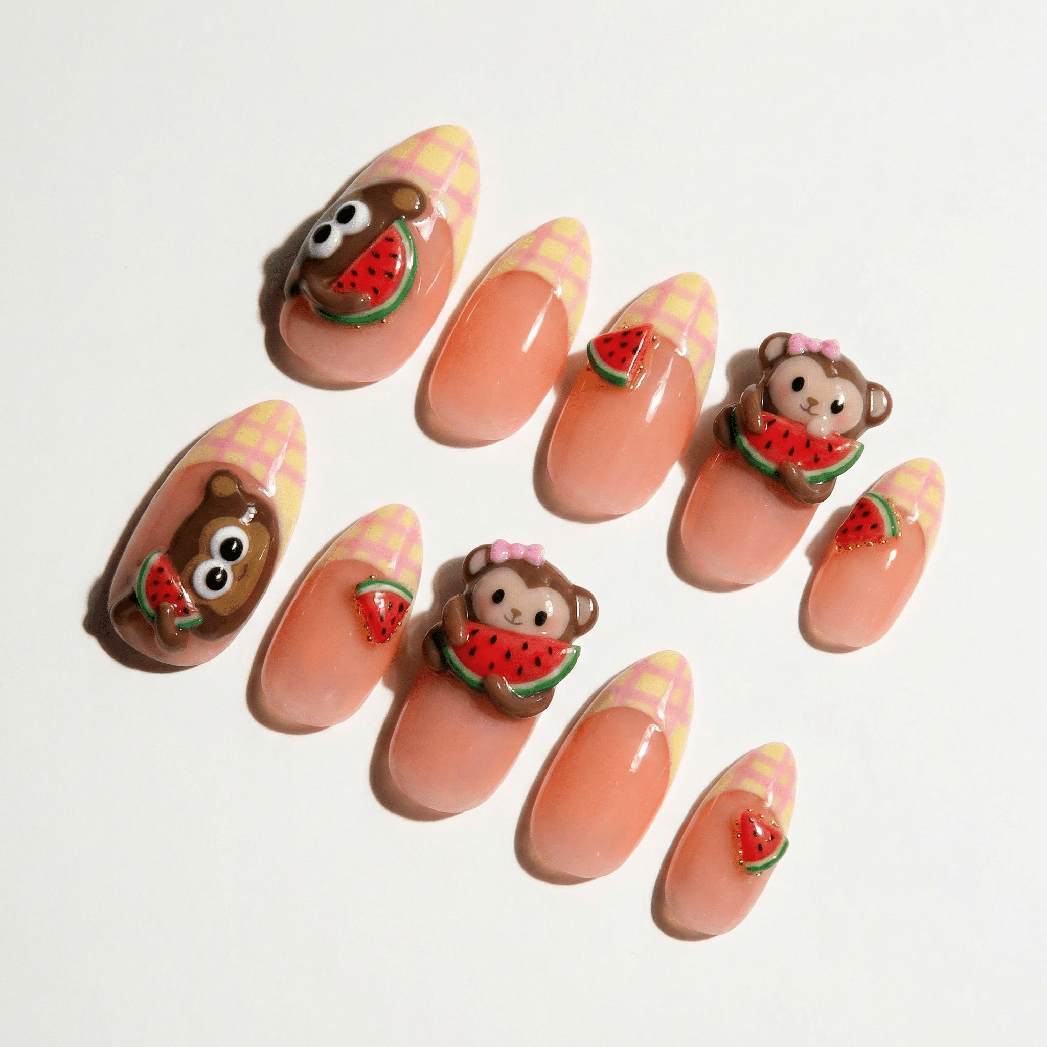 Monkey Melon kawaii nail design – handmade press-on nails by Handora