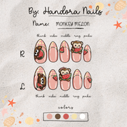 Monkey Melon press-on nails worn on hand – almond shape by Handora