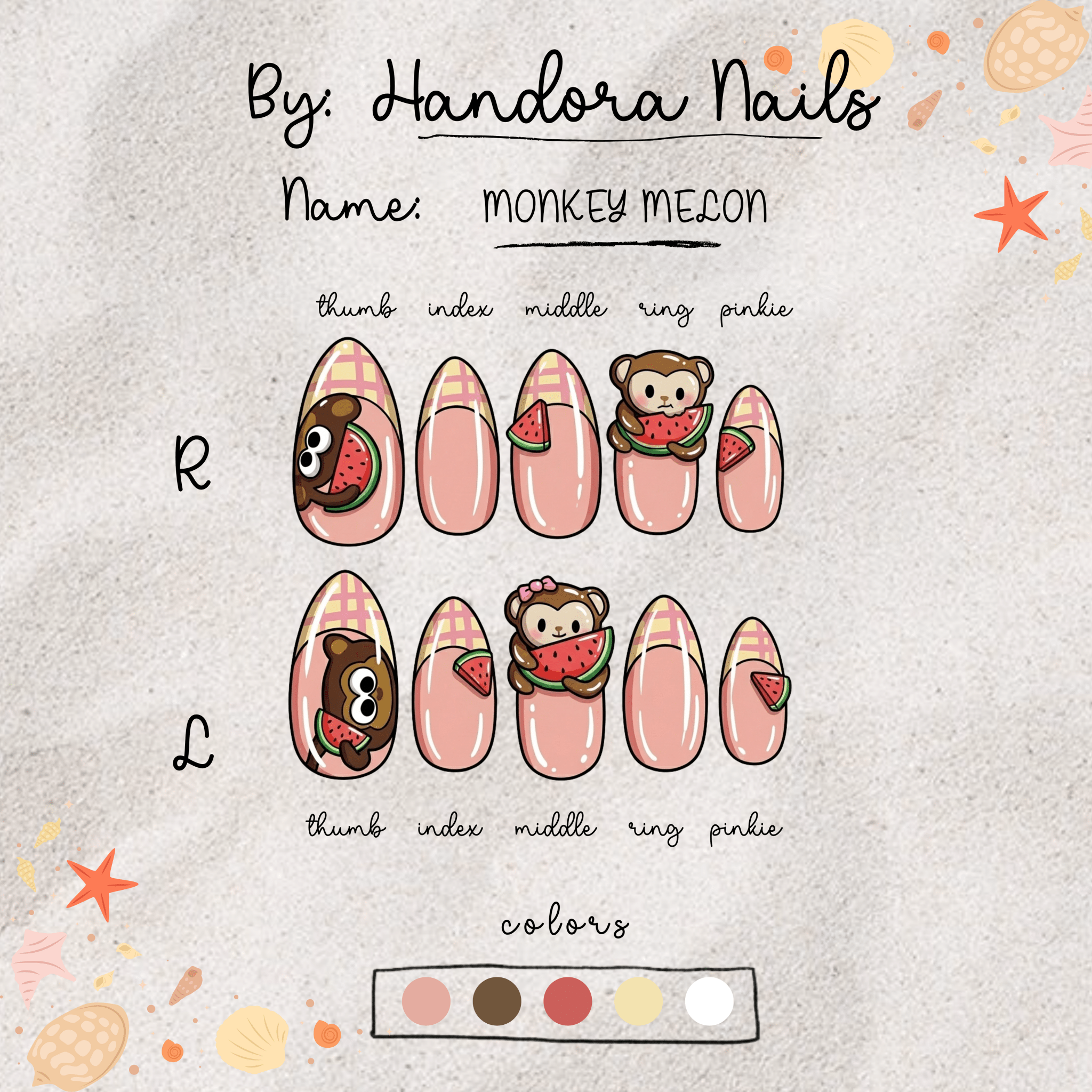 Monkey Melon press-on nails worn on hand – almond shape by Handora