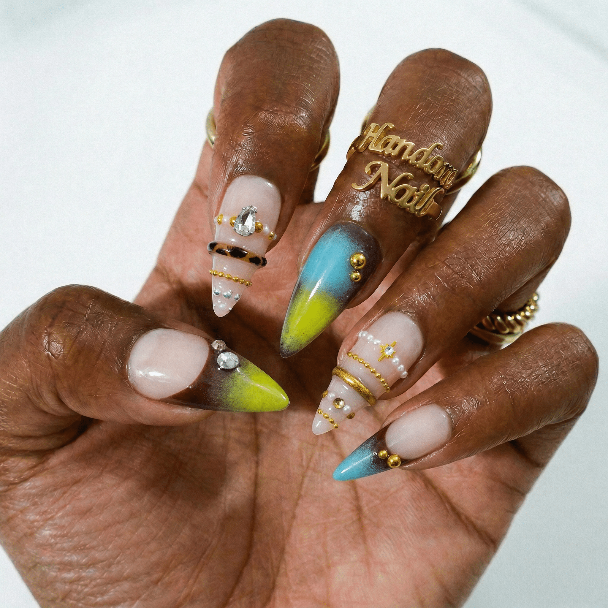 Mystic Aura almond press-on nails – design close-up by Handora