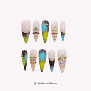 Mystic Aura green almond crystal press-on nails by Handora