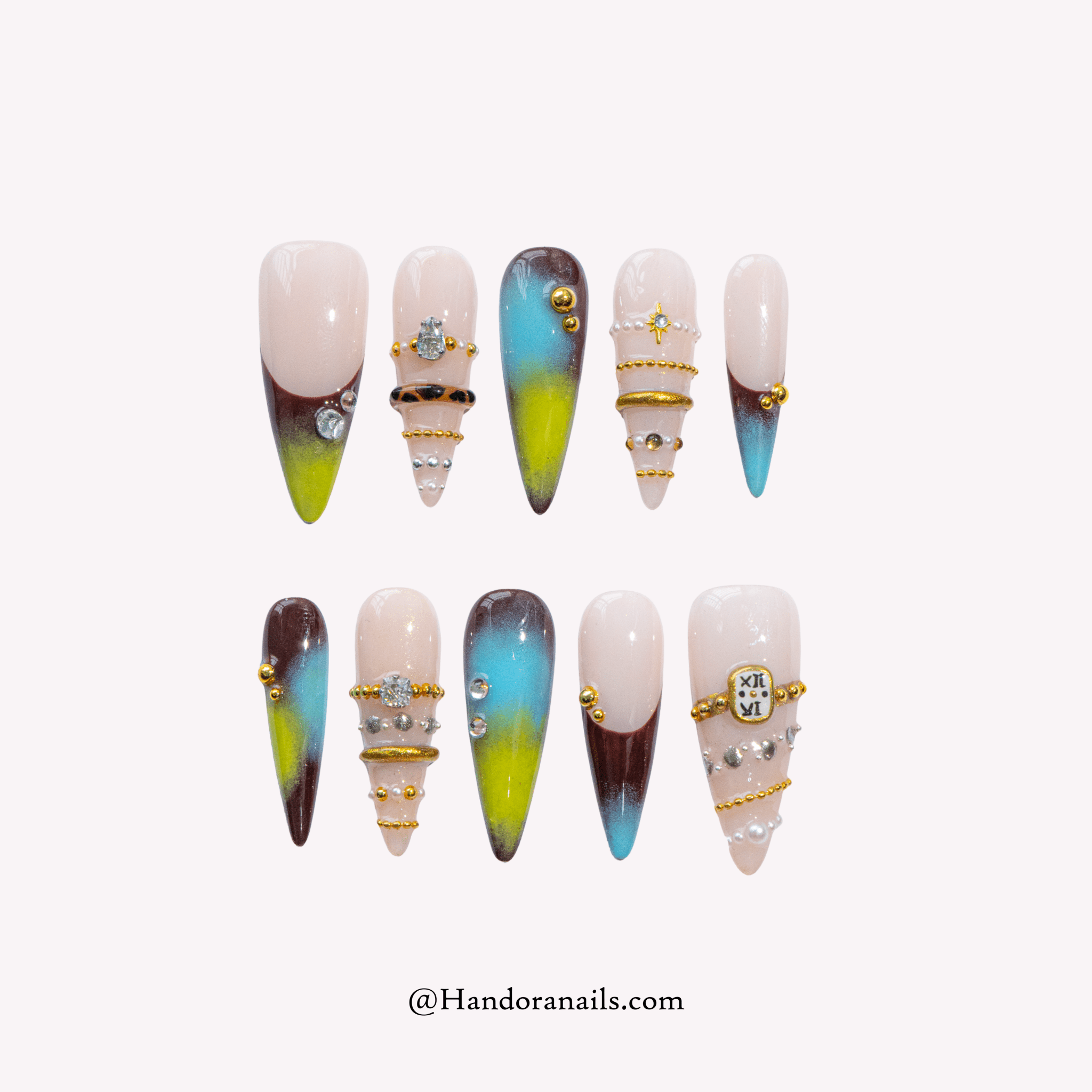 Mystic Aura green almond crystal press-on nails by Handora