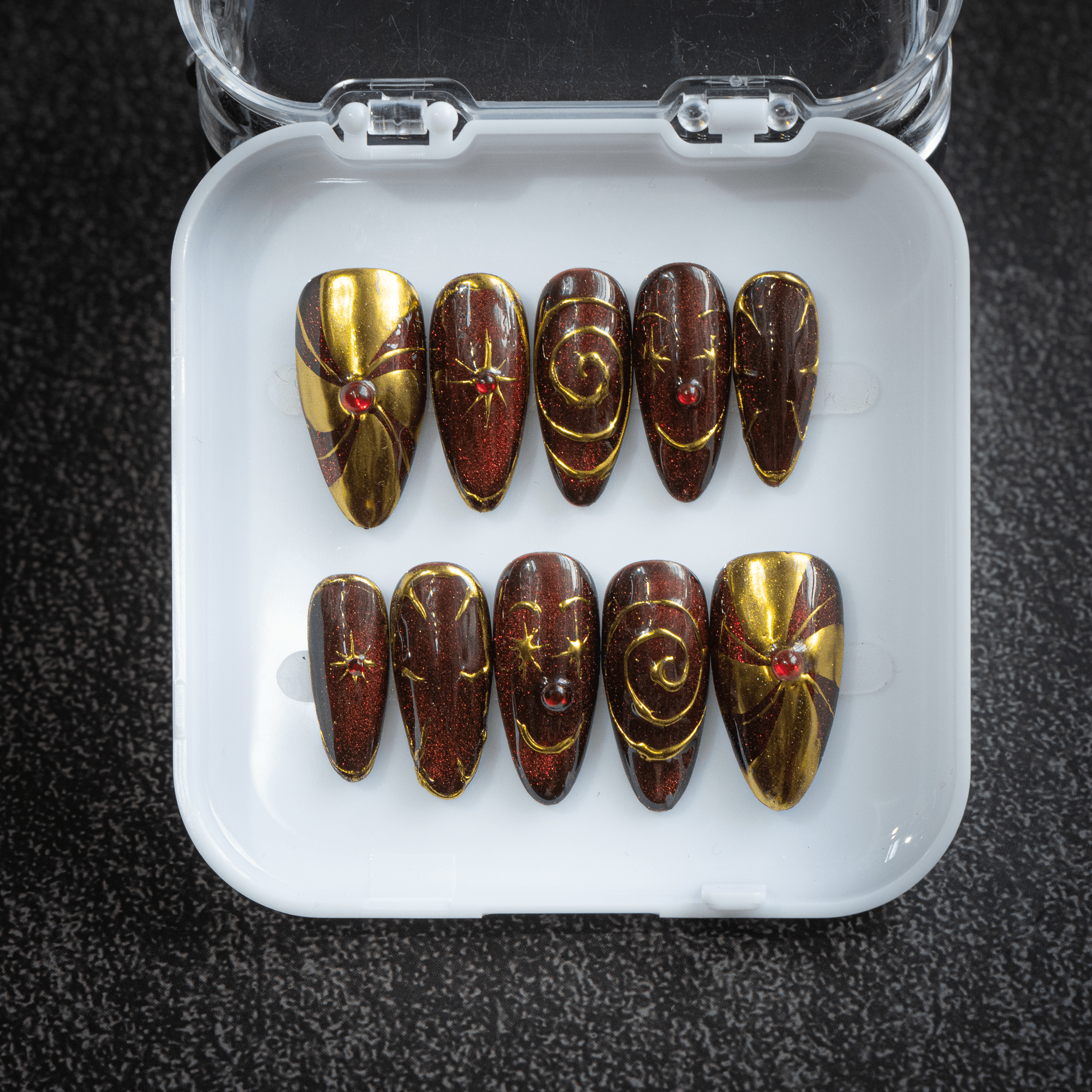 Mystic Galaxy almond press-on nails – design close-up by Handora