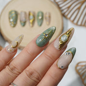 Mystic Green autumn nail design – handmade press-on nails by Handora