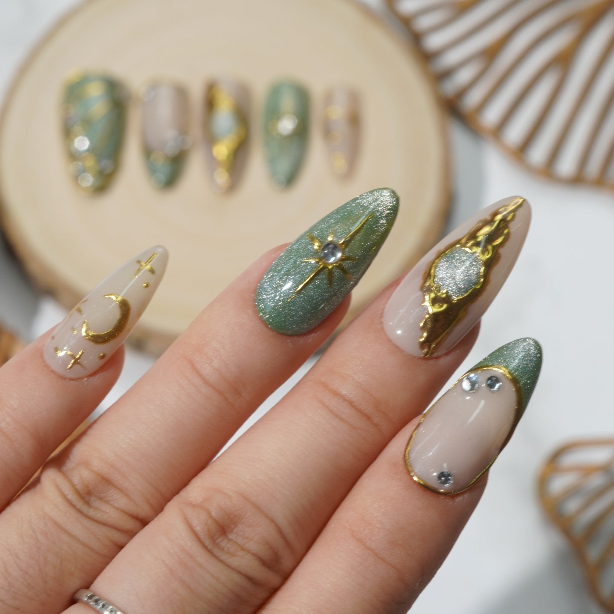 Mystic Green autumn nail design – handmade press-on nails by Handora