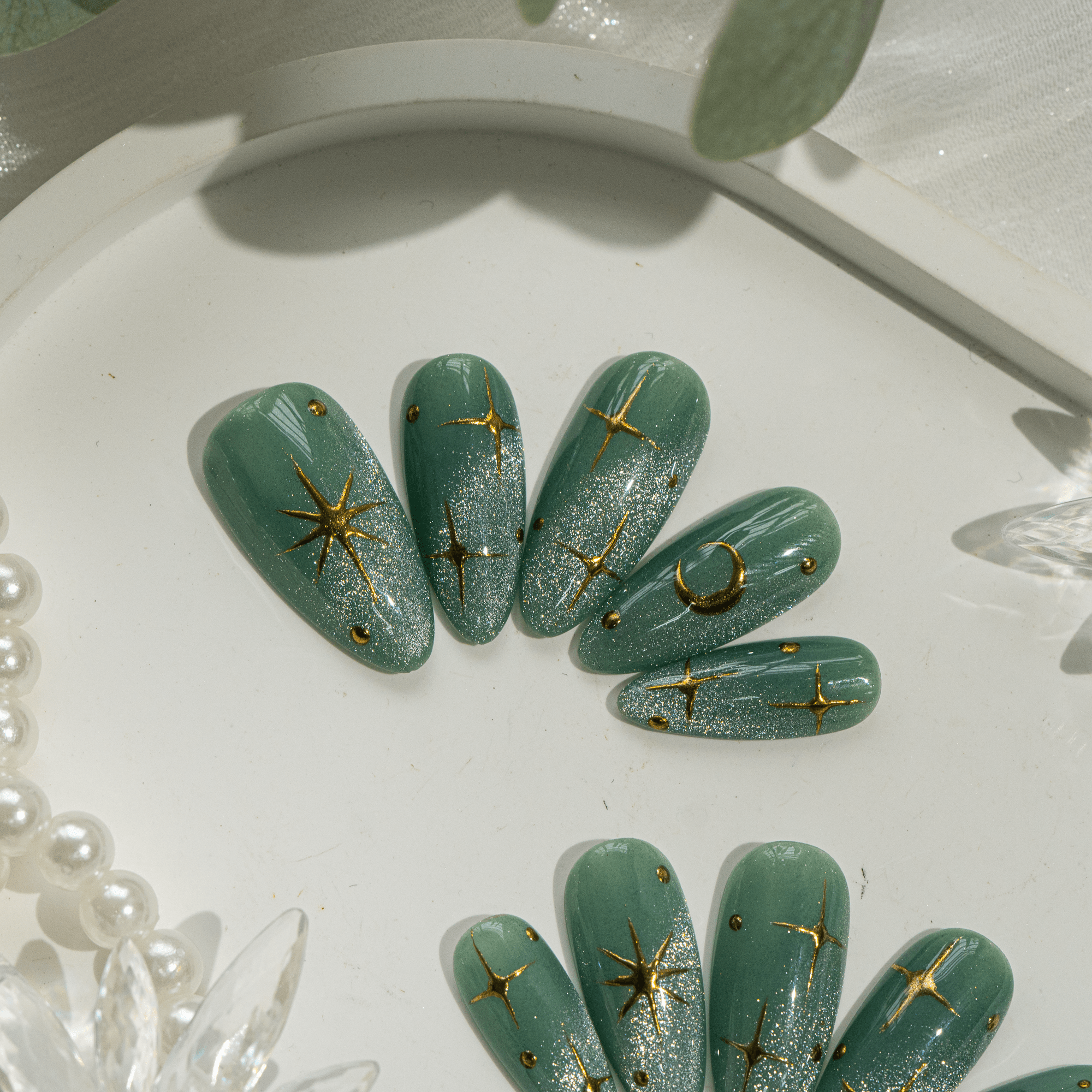 Mystic Sage Celestial press-on nails – hand-painted reusable gel set by Handora