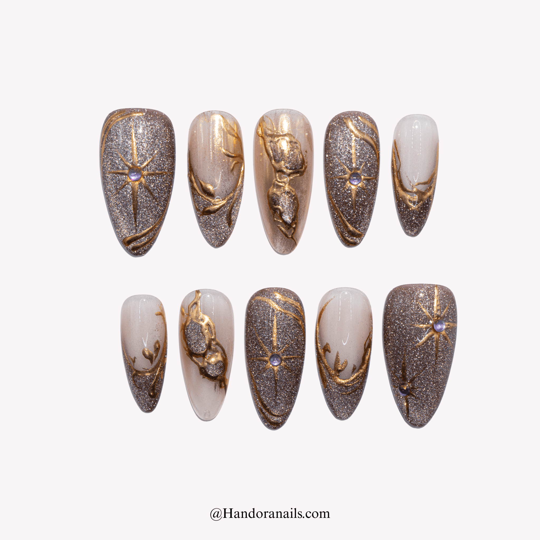 Mystic Shine green autumn press-on nails by Handora