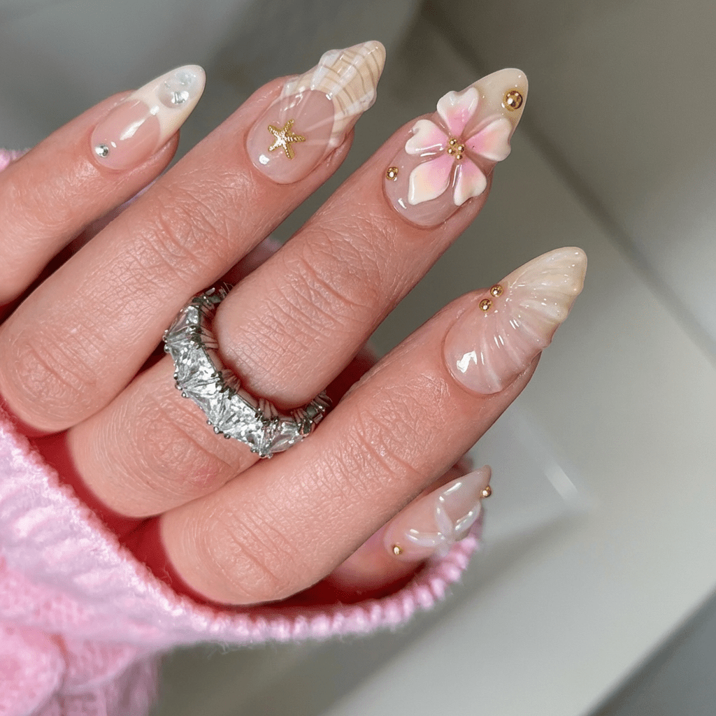 Nacreous Bloom press-on nails – hand-painted reusable gel set by Handora