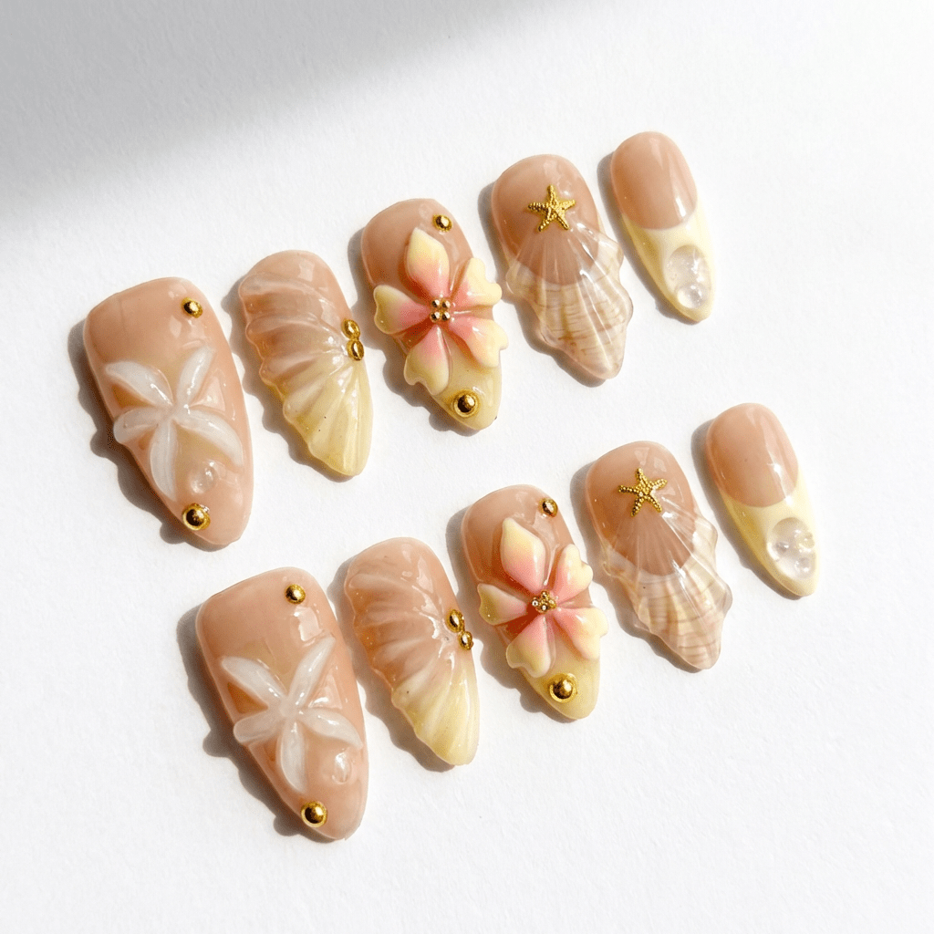 Nacreous Bloom 3d nail design – handmade press-on nails by Handora