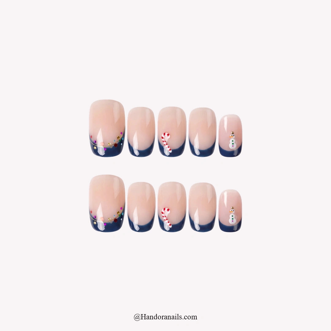 Navy Lights Christmas press-on nails - white background by Handora Nails