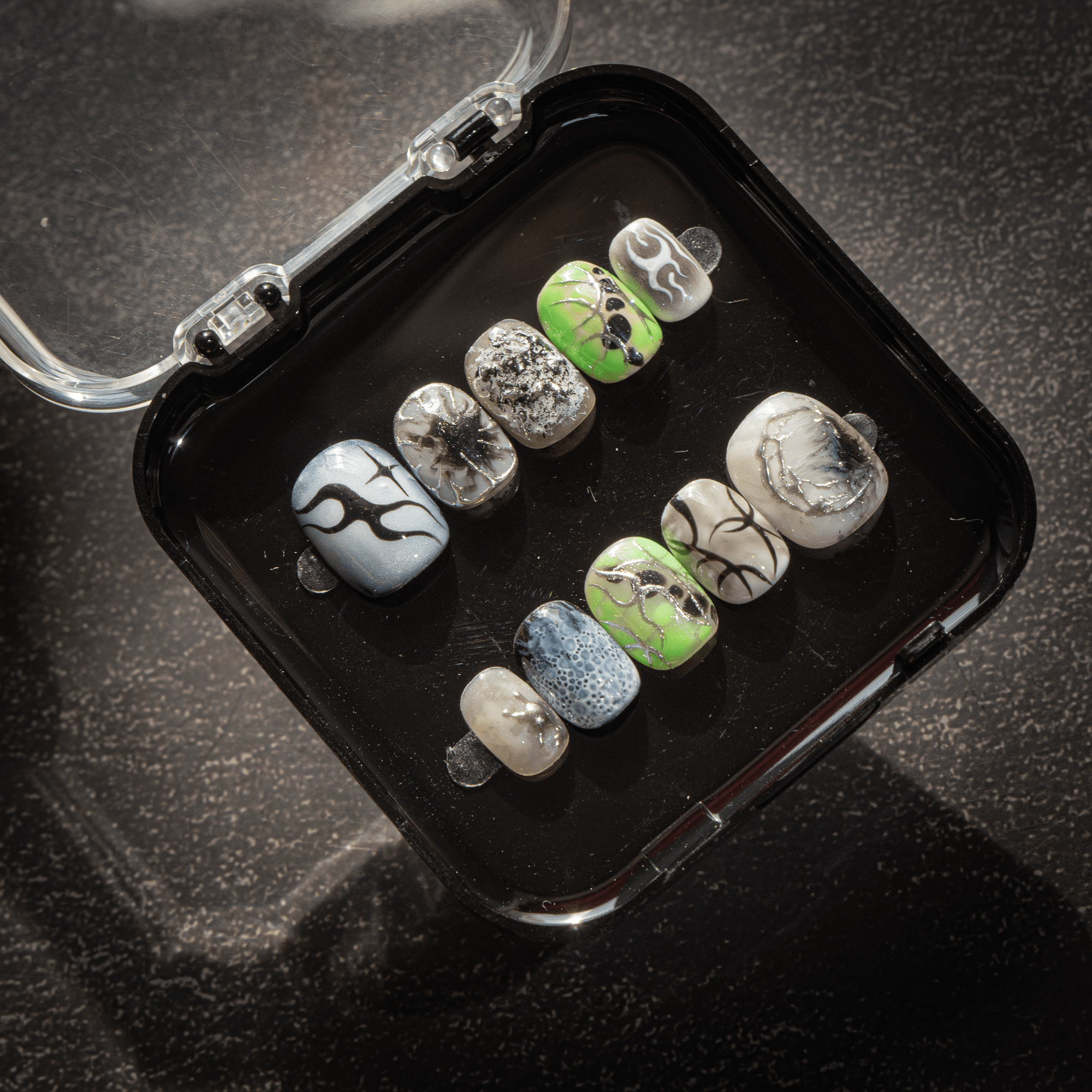 Neon Cyber square press-on nails – design close-up by Handora