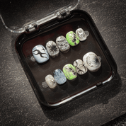 Neon Cyber press-on nails worn on hand – square shape by Handora