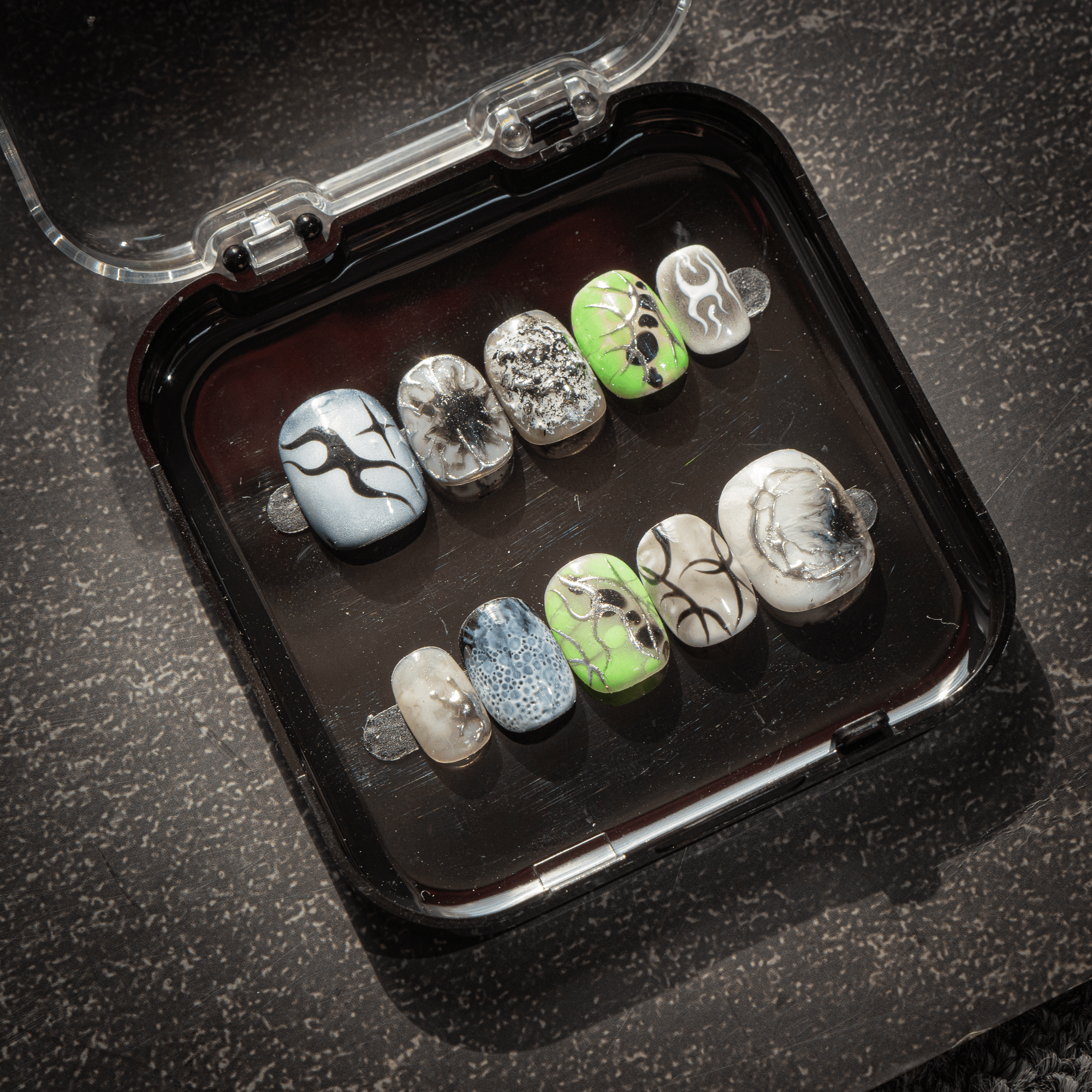 Neon Cyber press-on nails worn on hand – square shape by Handora