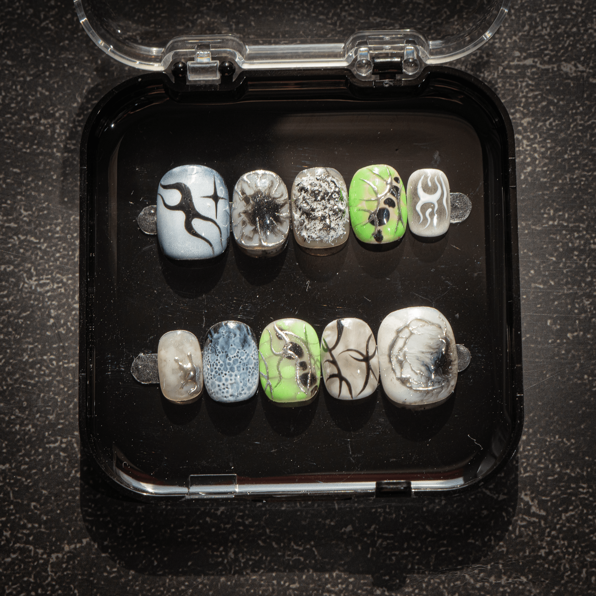Neon Cyber nail design – handmade press-on nails by Handora